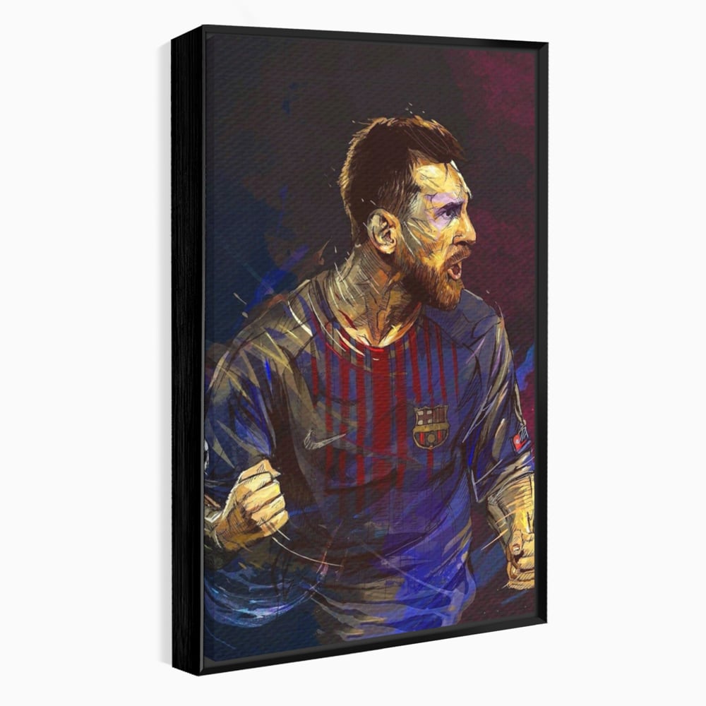 Tablou canvas cu portret ilustrat in culori vibrante cu lionel messi, in rama de aluminiu negru