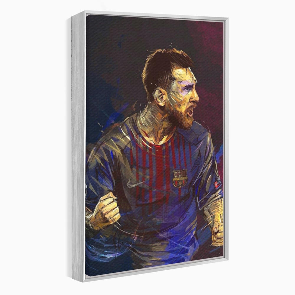 Tablou canvas cu portret ilustrat in culori vibrante cu lionel messi, in rama de aluminiu argintiu