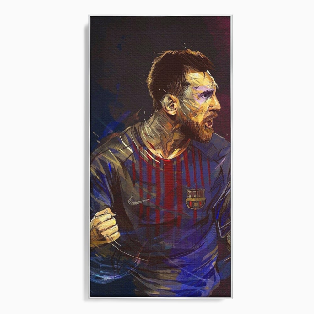 Tablou canvas cu portret ilustrat in culori vibrante cu lionel messi, in rama de aluminiu argintiu