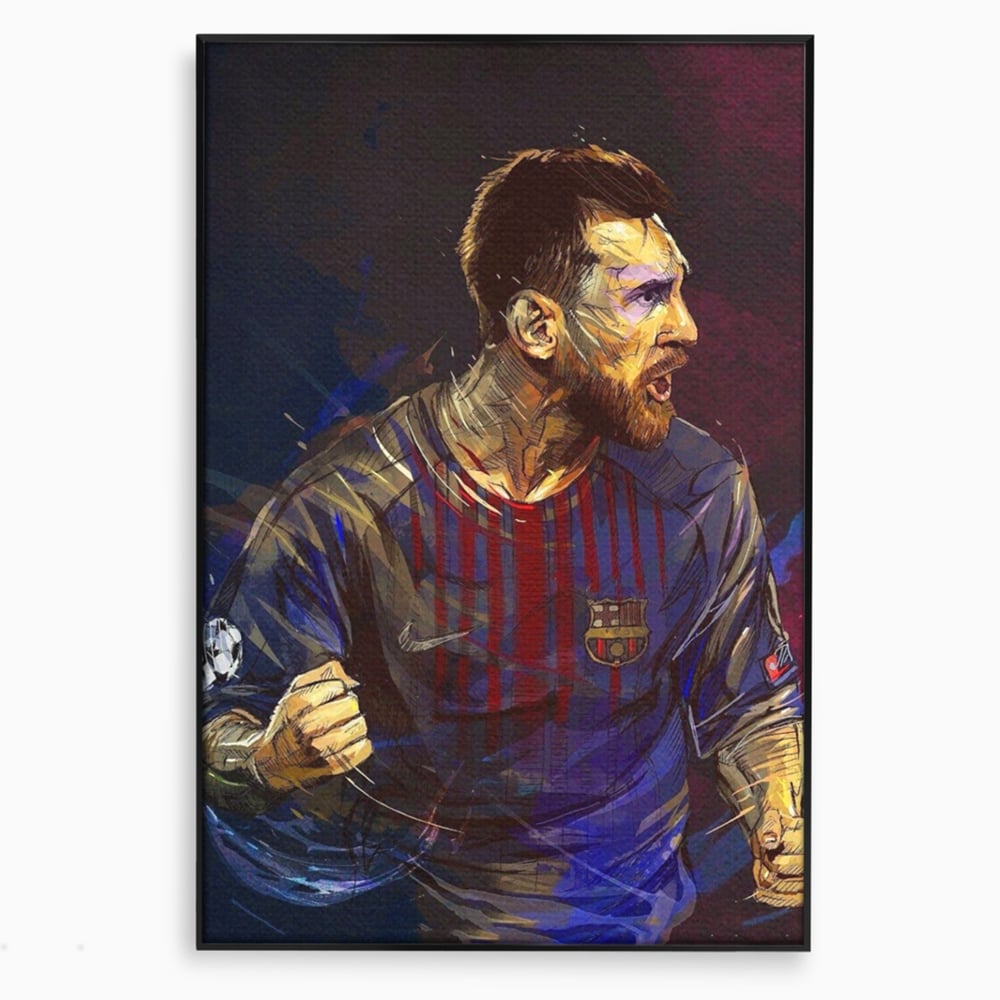 Tablou canvas cu portret ilustrat in culori vibrante cu lionel messi, in rama de aluminiu negru