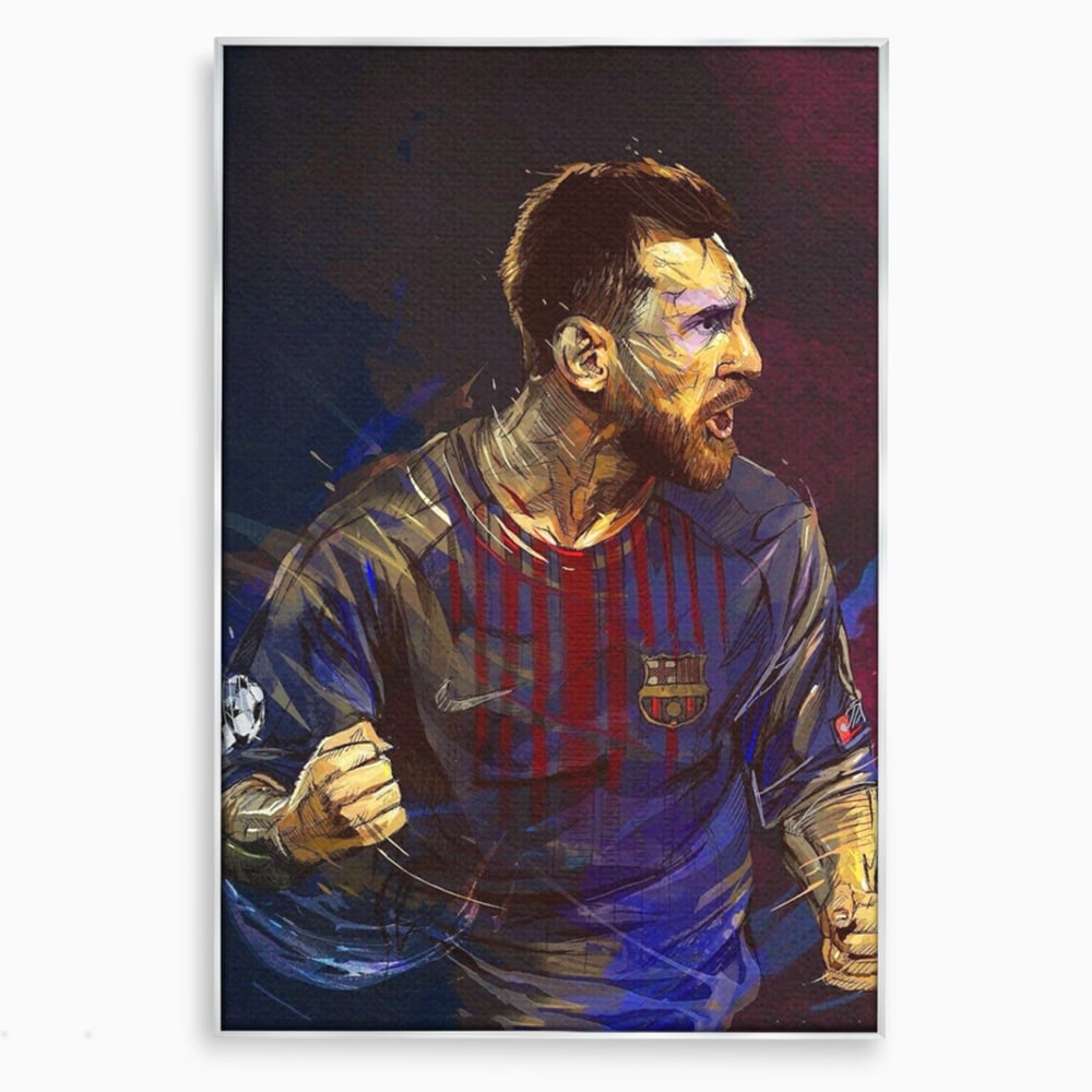 Tablou canvas cu portret ilustrat in culori vibrante cu lionel messi, in rama de aluminiu argintiu