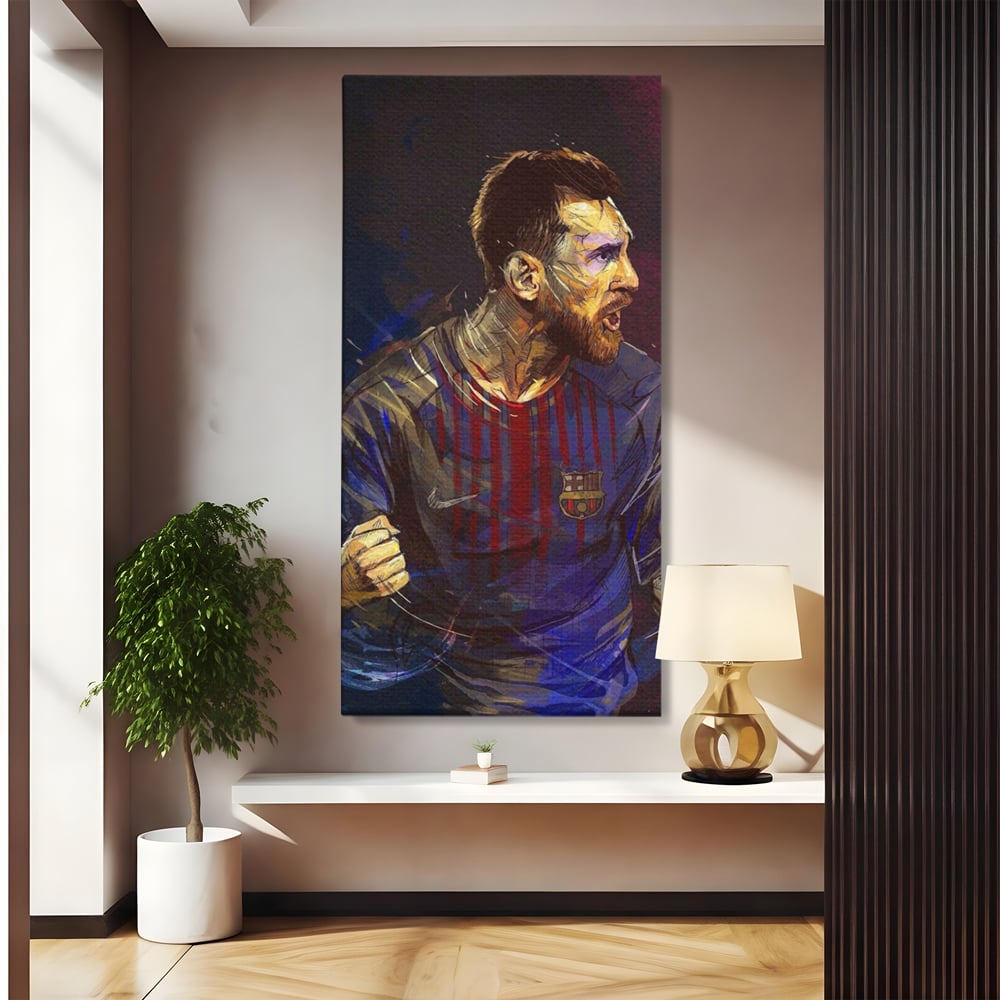 Tablou canvas cu portret ilustrat in culori vibrante cu lionel messi, fara rama, pe sasiu de lemn