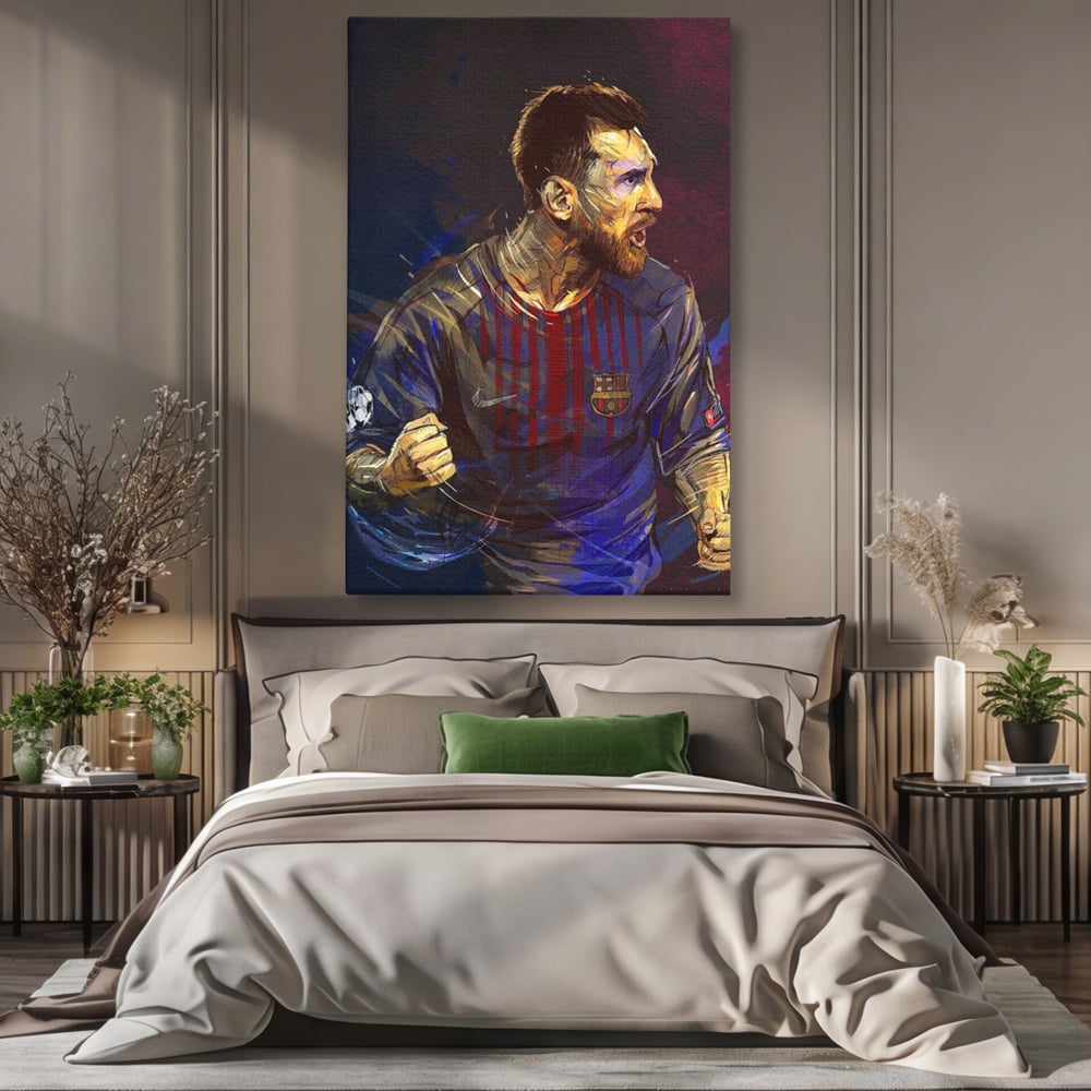 Tablou canvas cu portret ilustrat in culori vibrante cu lionel messi, fara rama, pe sasiu de lemn, pe perete intr-un dormitor