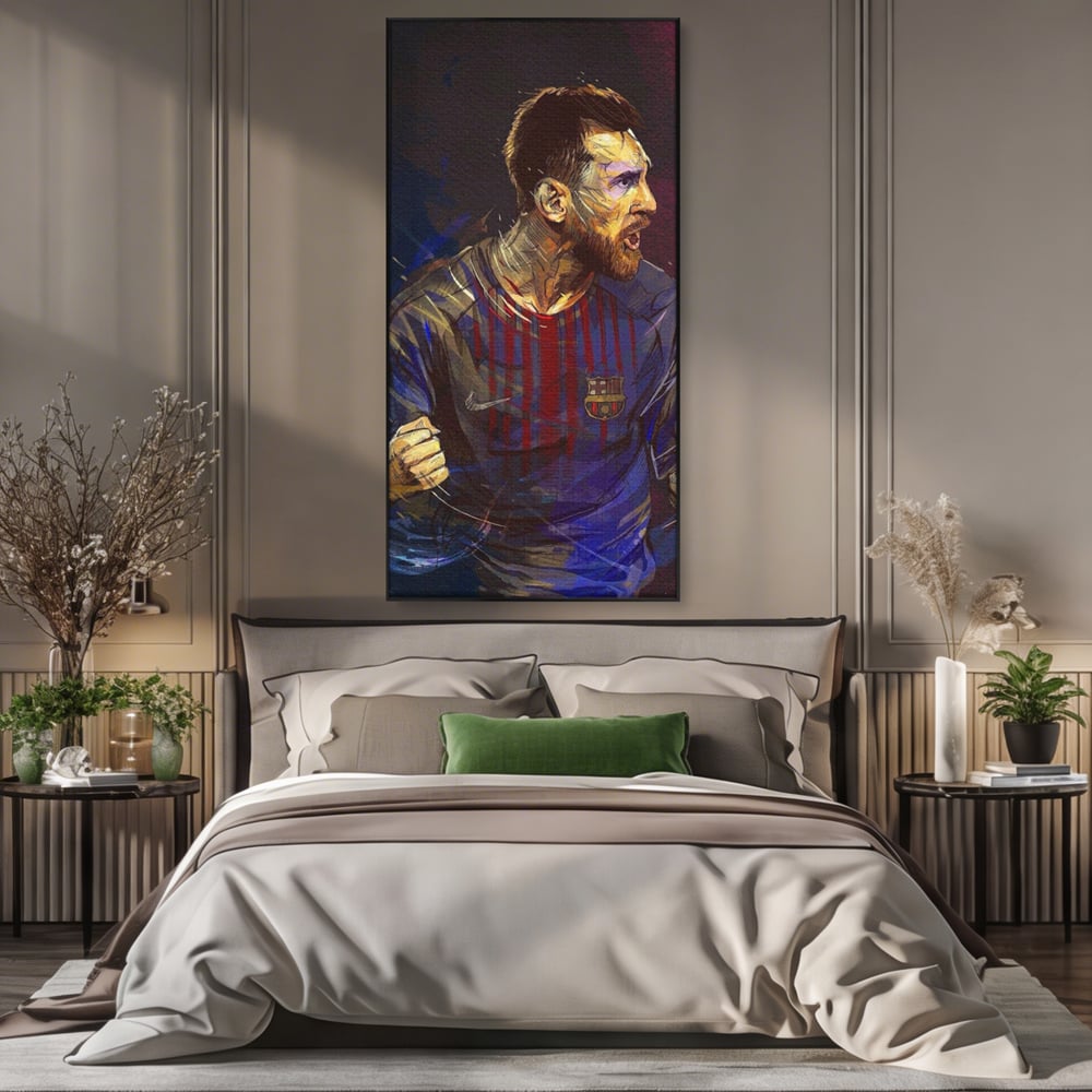 Tablou canvas cu portret ilustrat in culori vibrante cu lionel messi, in rama de aluminiu negru, pe perete intr-un dormitor