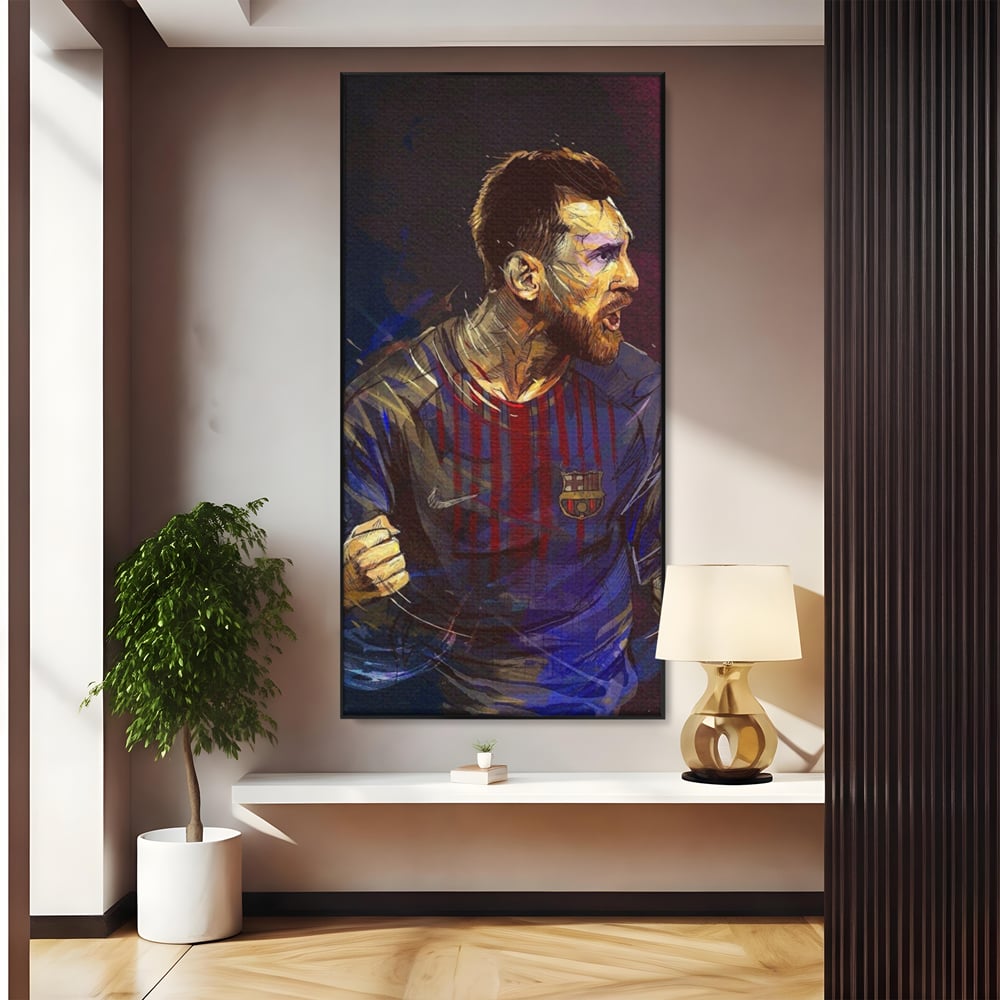 Tablou canvas cu portret ilustrat in culori vibrante cu lionel messi, in rama de aluminiu negru