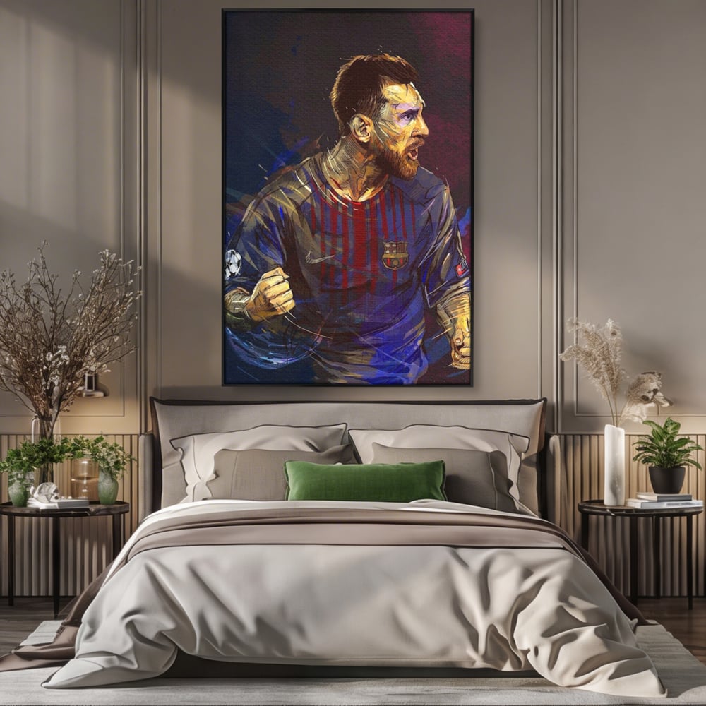 Tablou canvas cu portret ilustrat in culori vibrante cu lionel messi, in rama de aluminiu negru, pe perete intr-un dormitor