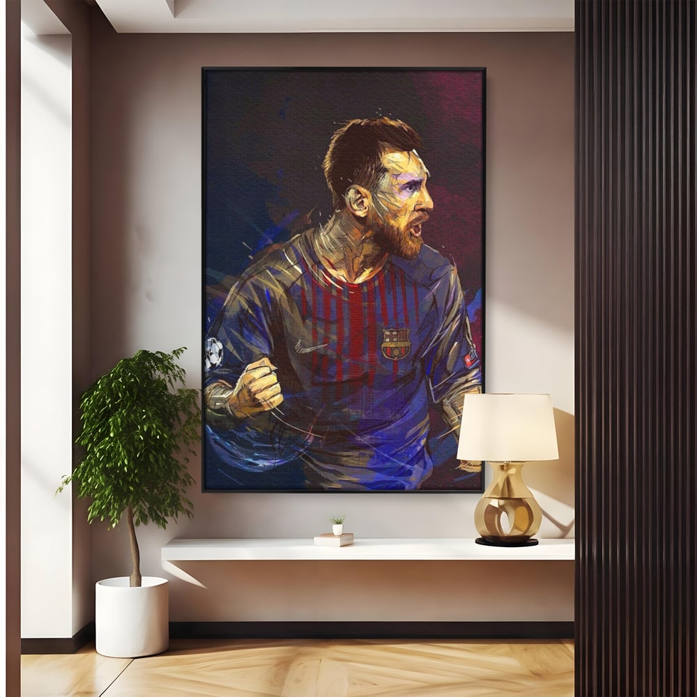Tablou canvas cu portret ilustrat in culori vibrante cu lionel messi, in rama de aluminiu negru