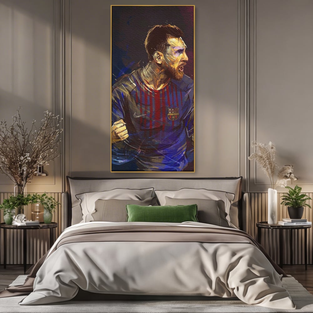 Tablou canvas cu portret ilustrat in culori vibrante cu lionel messi, in rama de aluminiu auriu, pe perete intr-un dormitor
