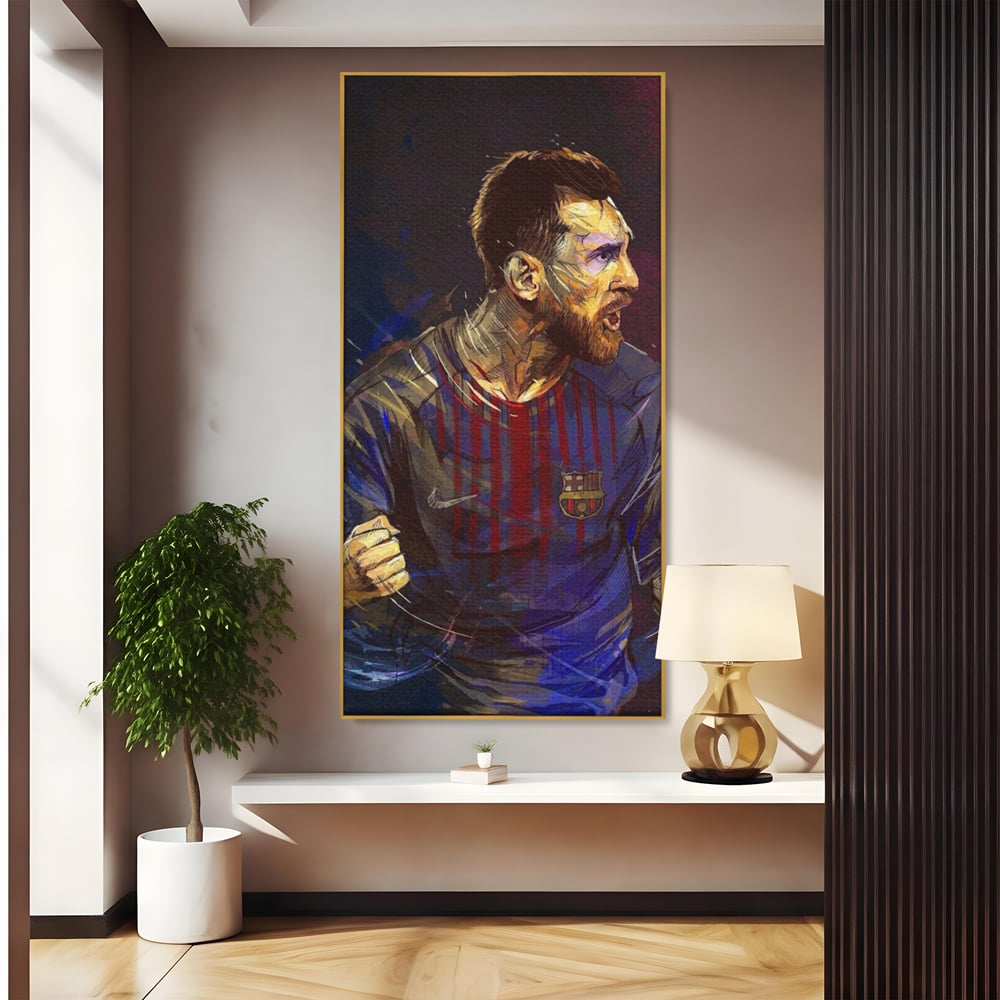 Tablou canvas cu portret ilustrat in culori vibrante cu lionel messi, in rama de aluminiu auriu