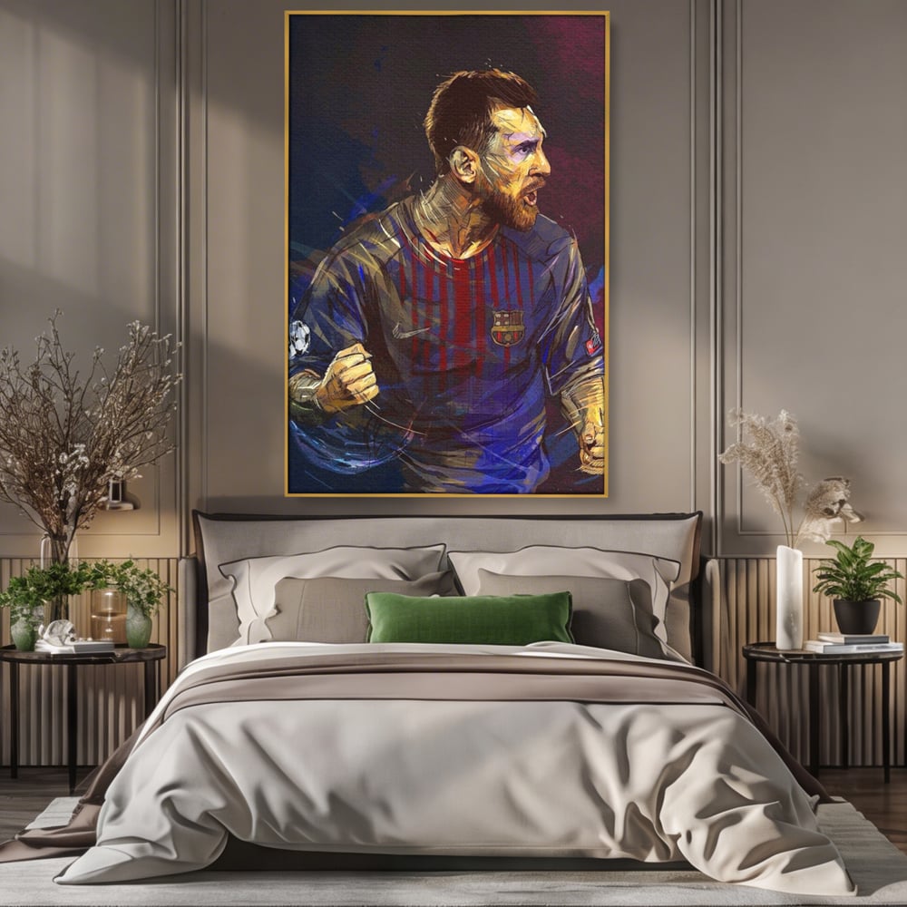 Tablou canvas cu portret ilustrat in culori vibrante cu lionel messi, in rama de aluminiu auriu, pe perete intr-un dormitor