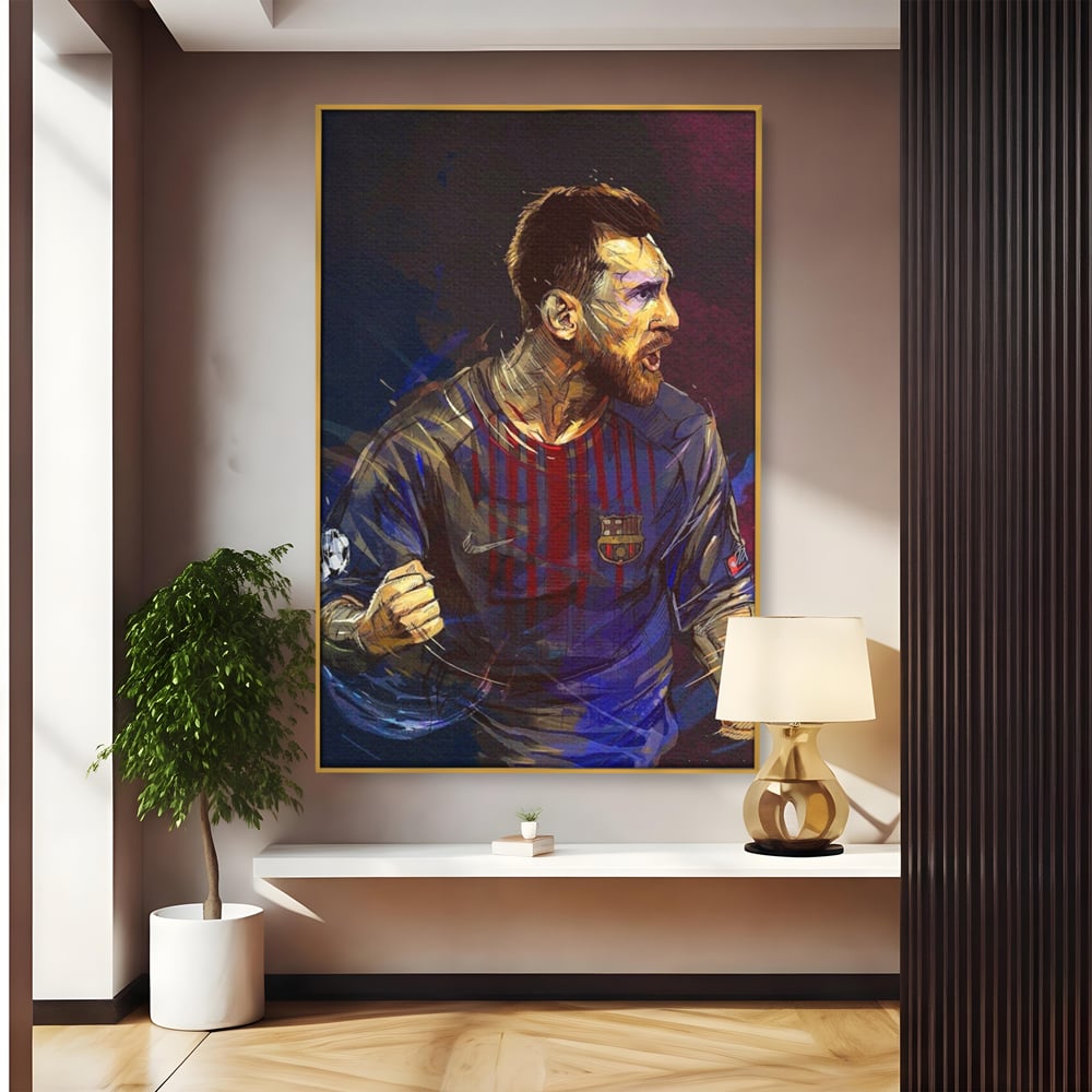 Tablou canvas cu portret ilustrat in culori vibrante cu lionel messi, in rama de aluminiu auriu