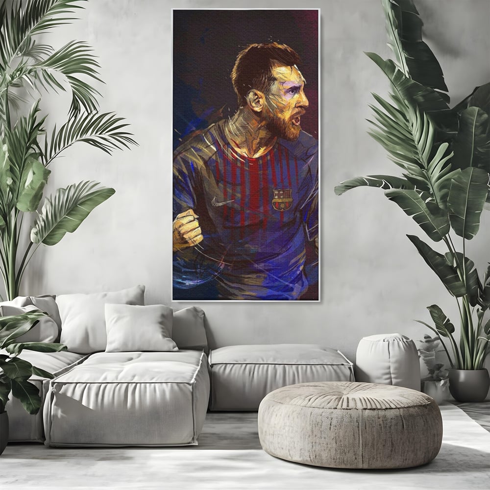 Tablou canvas cu portret ilustrat in culori vibrante cu lionel messi, in rama de aluminiu argintiu, pe perete intr-un living