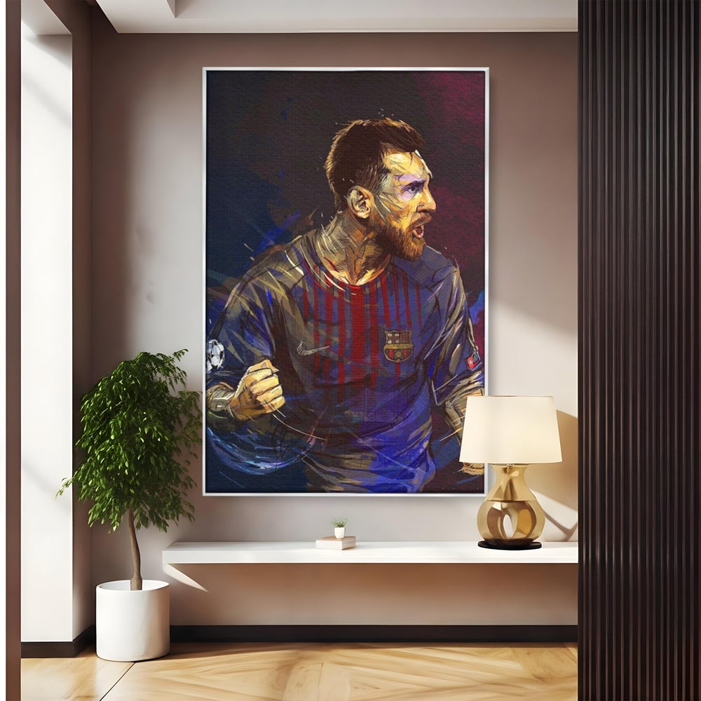Tablou canvas cu portret ilustrat in culori vibrante cu lionel messi, in rama de aluminiu argintiu
