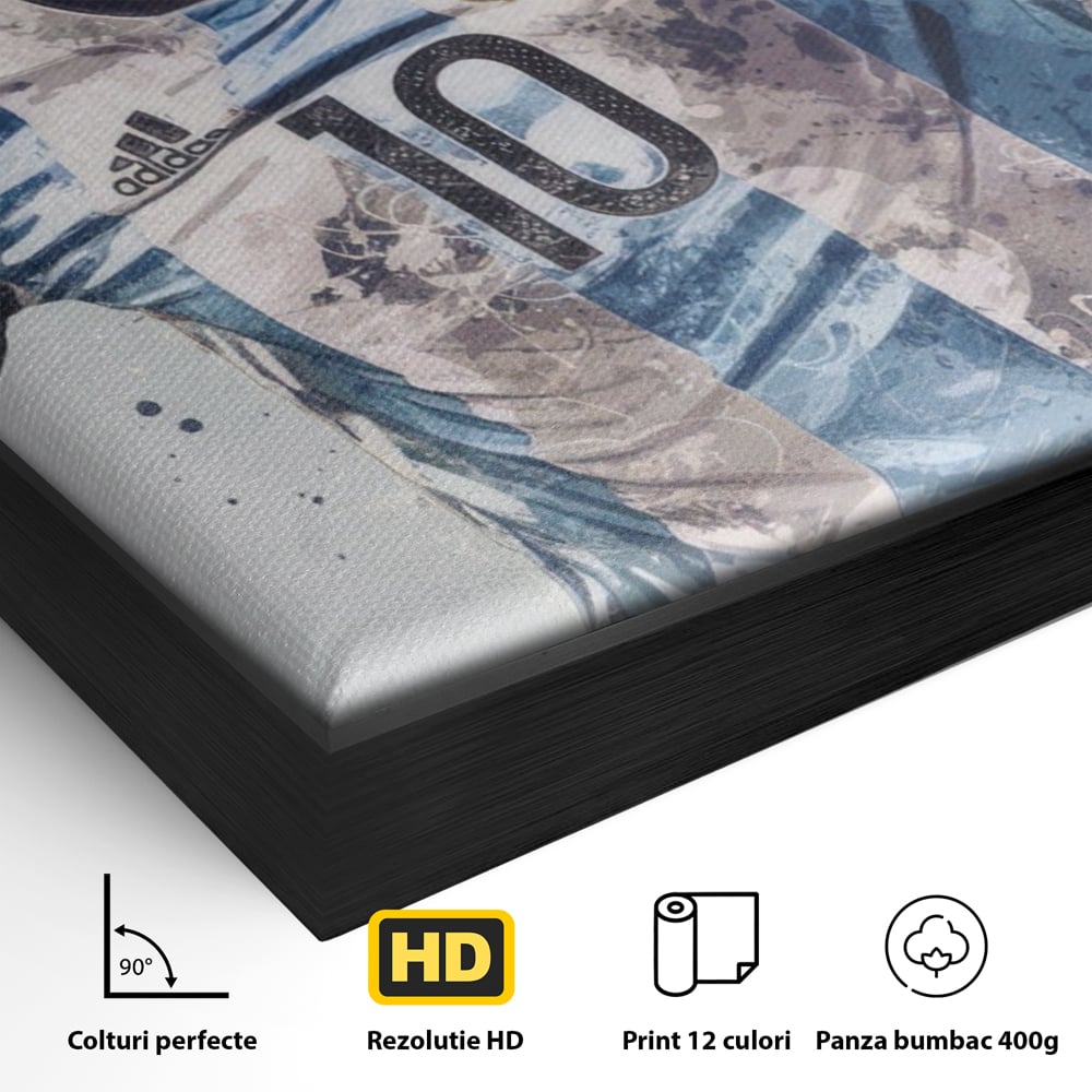 Detaliu al suprafetei: tablou canvas cu lionel messi in tricoul argentinei, in rama de aluminiu negru