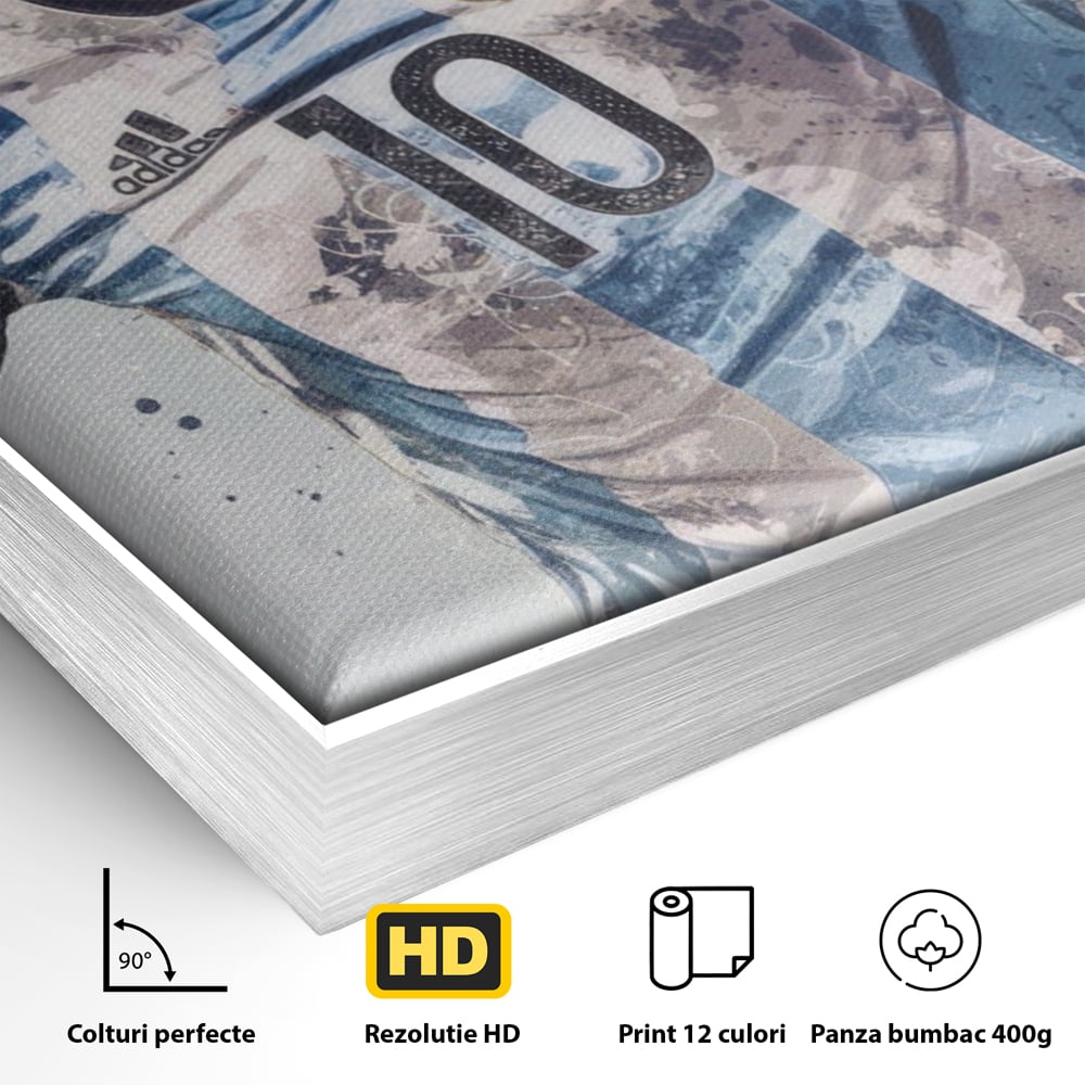 Detaliu al suprafetei: tablou canvas cu lionel messi in tricoul argentinei, in rama de aluminiu argintiu