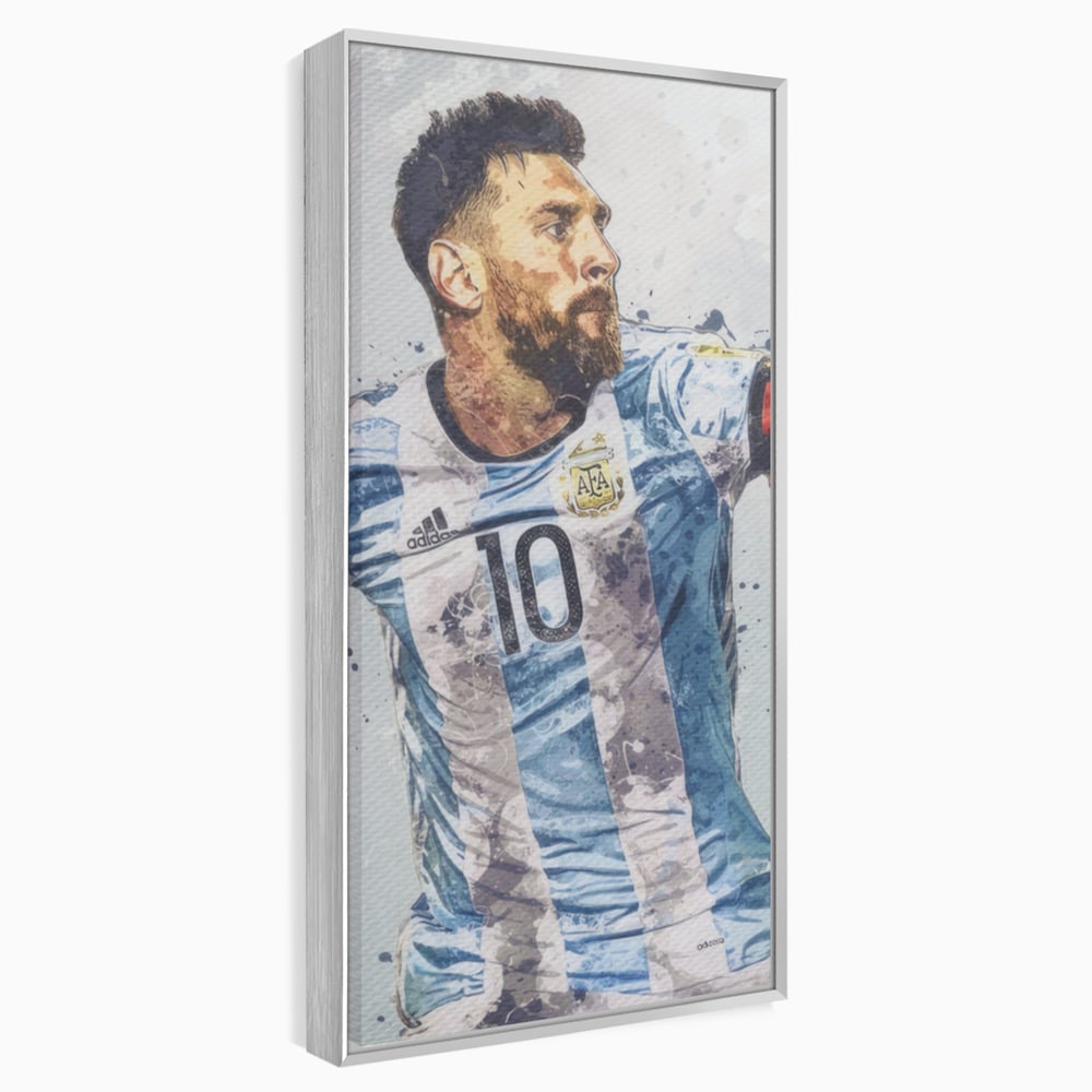 Tablou canvas cu tablou canvas cu lionel messi in tricoul argentinei, in rama de aluminiu argintiu