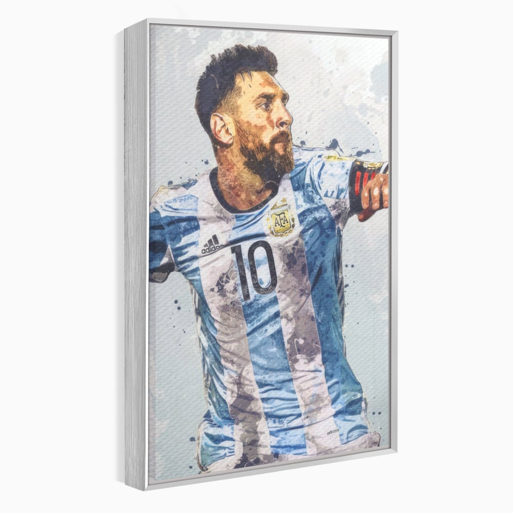 Tablou canvas cu tablou canvas cu lionel messi in tricoul argentinei, in rama de aluminiu argintiu