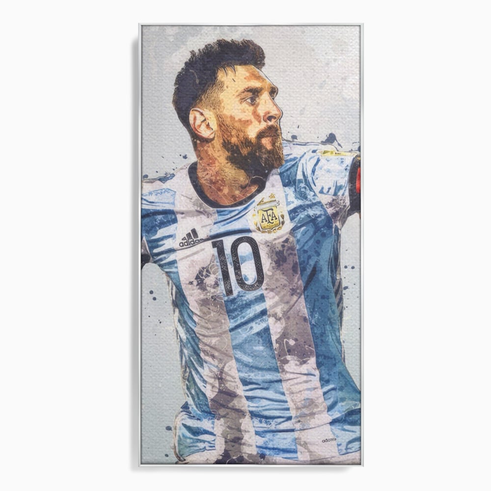 Tablou canvas cu tablou canvas cu lionel messi in tricoul argentinei, in rama de aluminiu argintiu