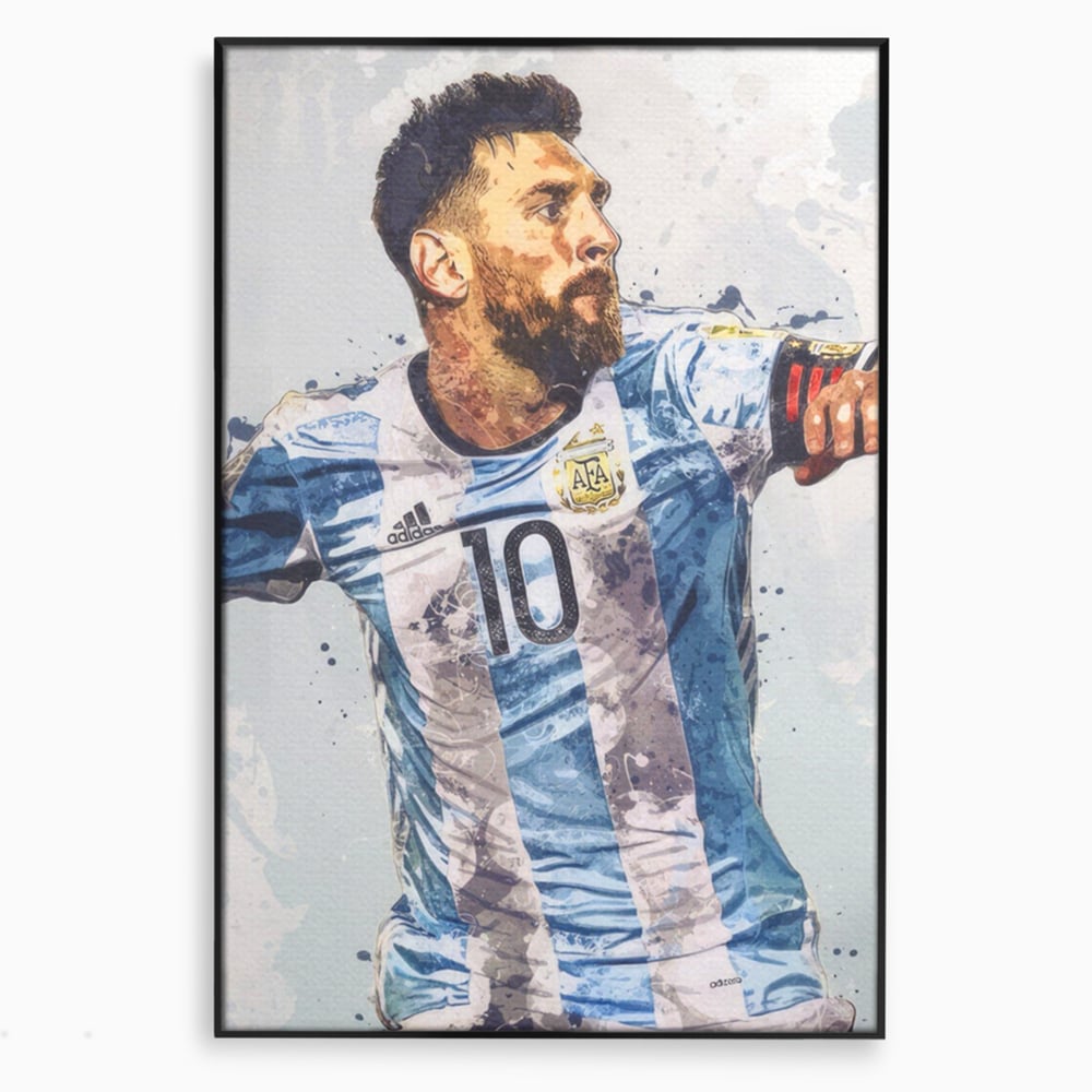 Tablou canvas cu tablou canvas cu lionel messi in tricoul argentinei, in rama de aluminiu negru