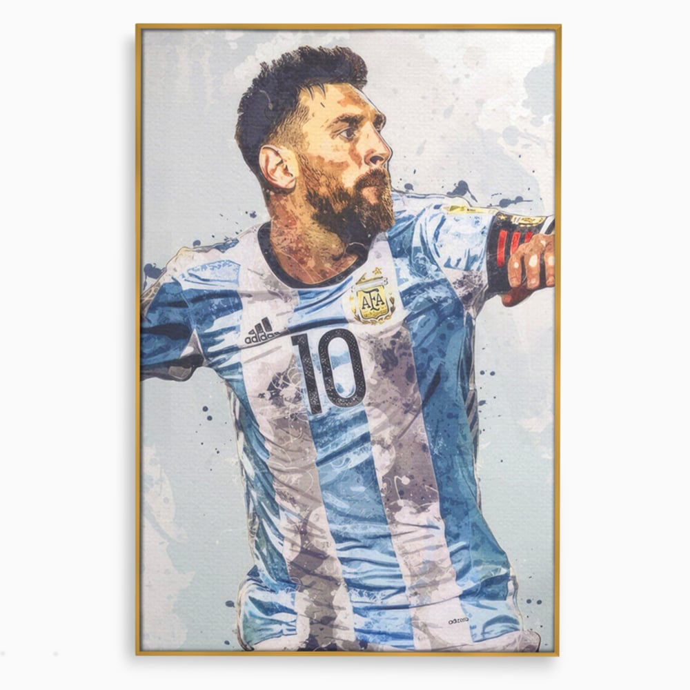 Tablou canvas cu tablou canvas cu lionel messi in tricoul argentinei, in rama de aluminiu auriu