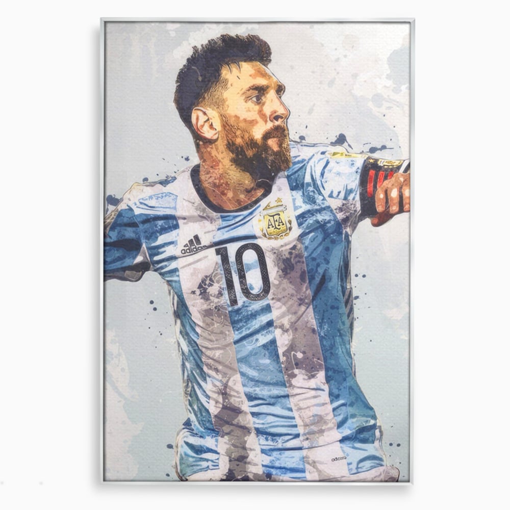 Tablou canvas cu tablou canvas cu lionel messi in tricoul argentinei, in rama de aluminiu argintiu