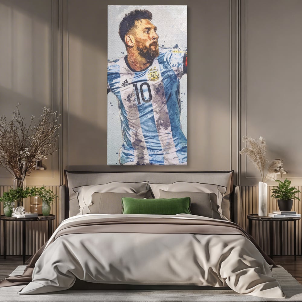 Tablou canvas cu tablou canvas cu lionel messi in tricoul argentinei, fara rama, pe sasiu de lemn, pe perete intr-un dormitor