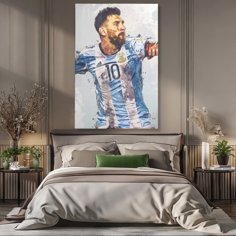 Tablou canvas cu tablou canvas cu lionel messi in tricoul argentinei, fara rama, pe sasiu de lemn, pe perete intr-un dormitor