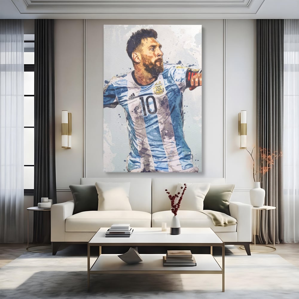 Tablou canvas cu tablou canvas cu lionel messi in tricoul argentinei, fara rama, pe sasiu de lemn, pe perete intr-un living