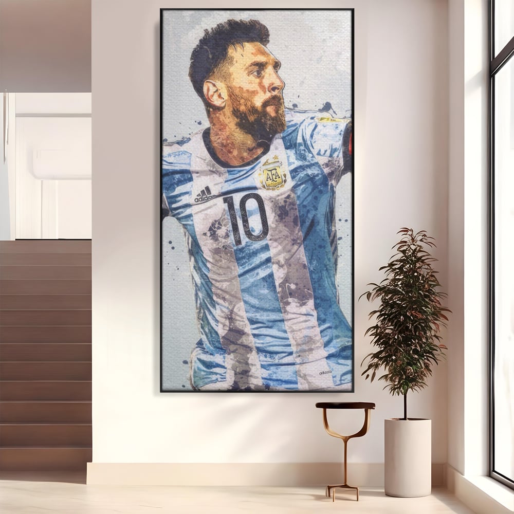 Tablou canvas cu tablou canvas cu lionel messi in tricoul argentinei, in rama de aluminiu negru