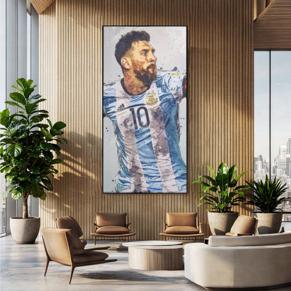 Tablou canvas cu tablou canvas cu lionel messi in tricoul argentinei, in rama de aluminiu negru, pe perete intr-un birou