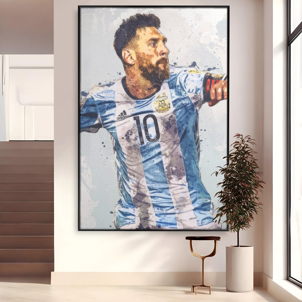 Tablou canvas cu tablou canvas cu lionel messi in tricoul argentinei, in rama de aluminiu negru