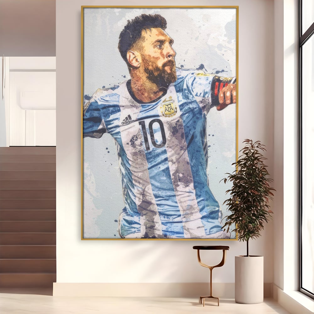 Tablou canvas cu tablou canvas cu lionel messi in tricoul argentinei, in rama de aluminiu auriu