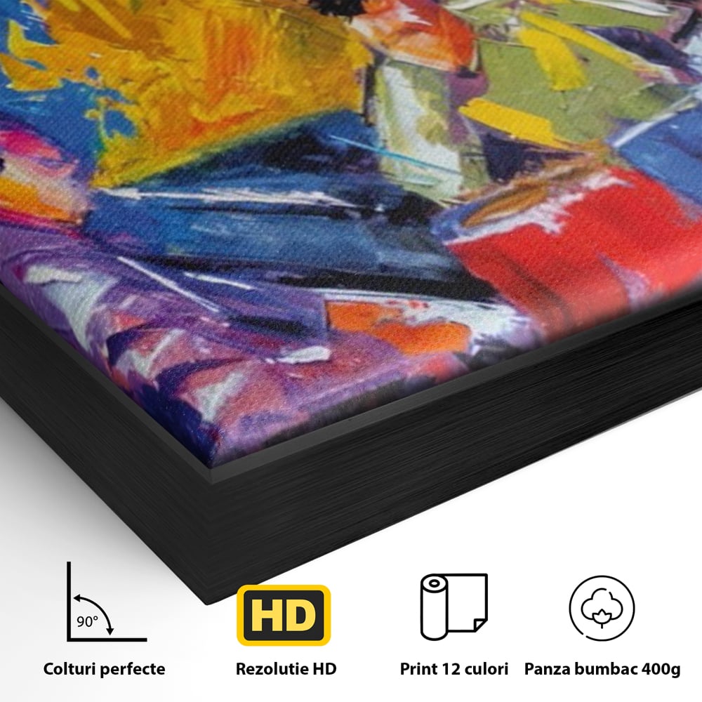Detaliu al suprafetei: pictura abstracta cu formatie de jazz, in rama de aluminiu negru