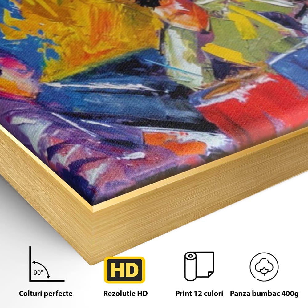 Detaliu al suprafetei: pictura abstracta cu formatie de jazz, in rama de aluminiu auriu