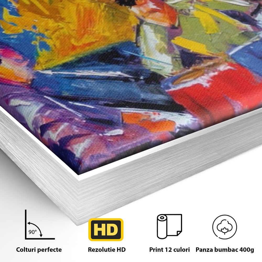 Detaliu al suprafetei: pictura abstracta cu formatie de jazz, in rama de aluminiu argintiu