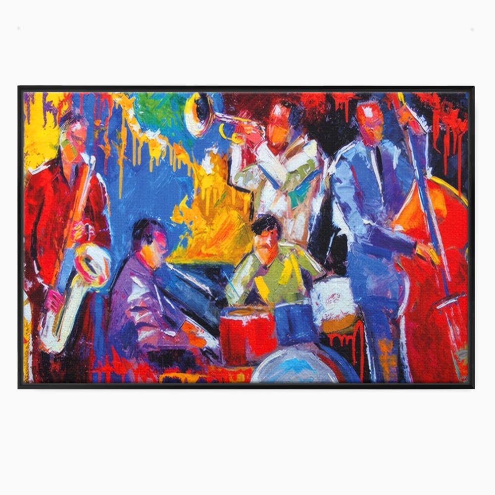 Tablou canvas cu pictura abstracta cu formatie de jazz, in rama de aluminiu negru