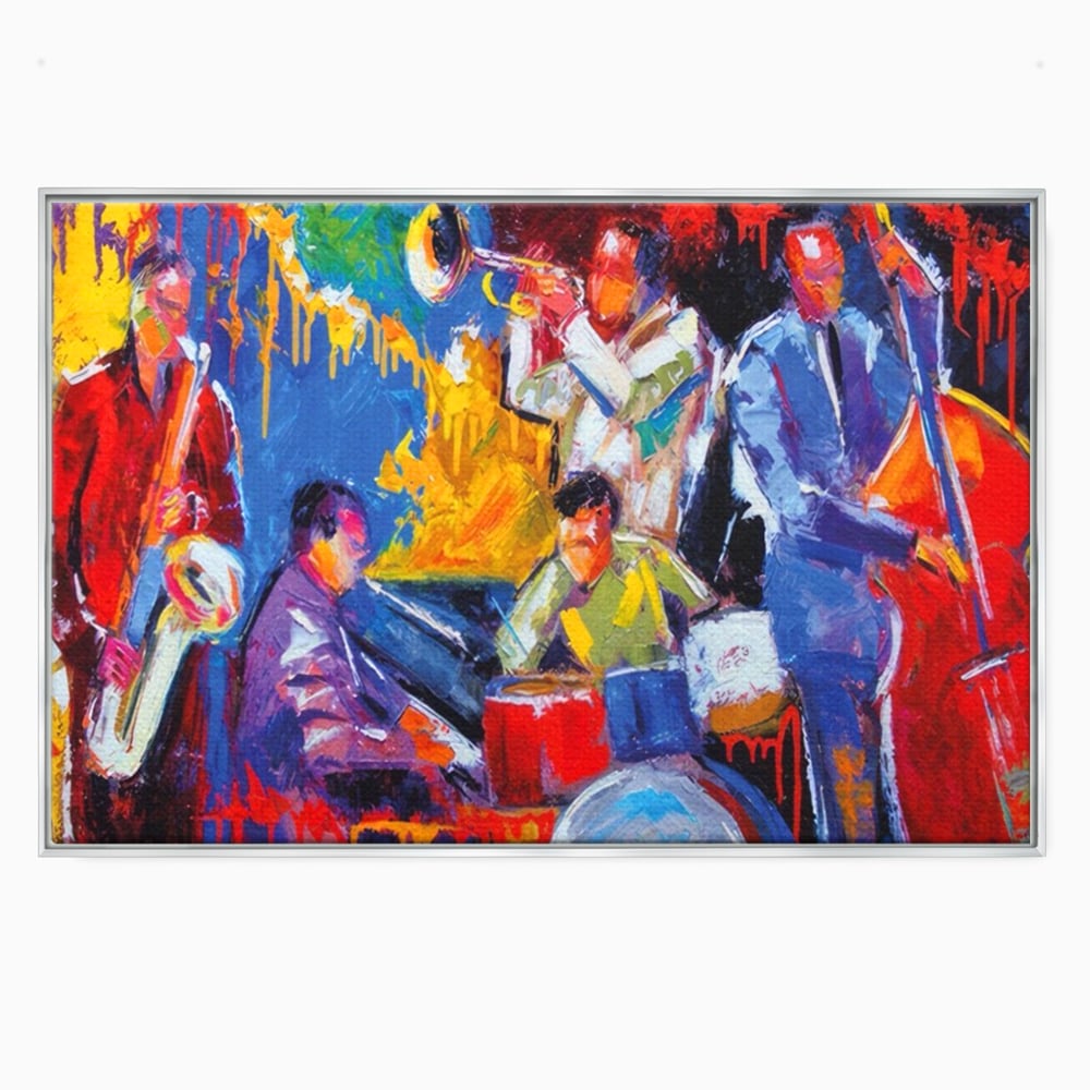 Tablou canvas cu pictura abstracta cu formatie de jazz, in rama de aluminiu argintiu