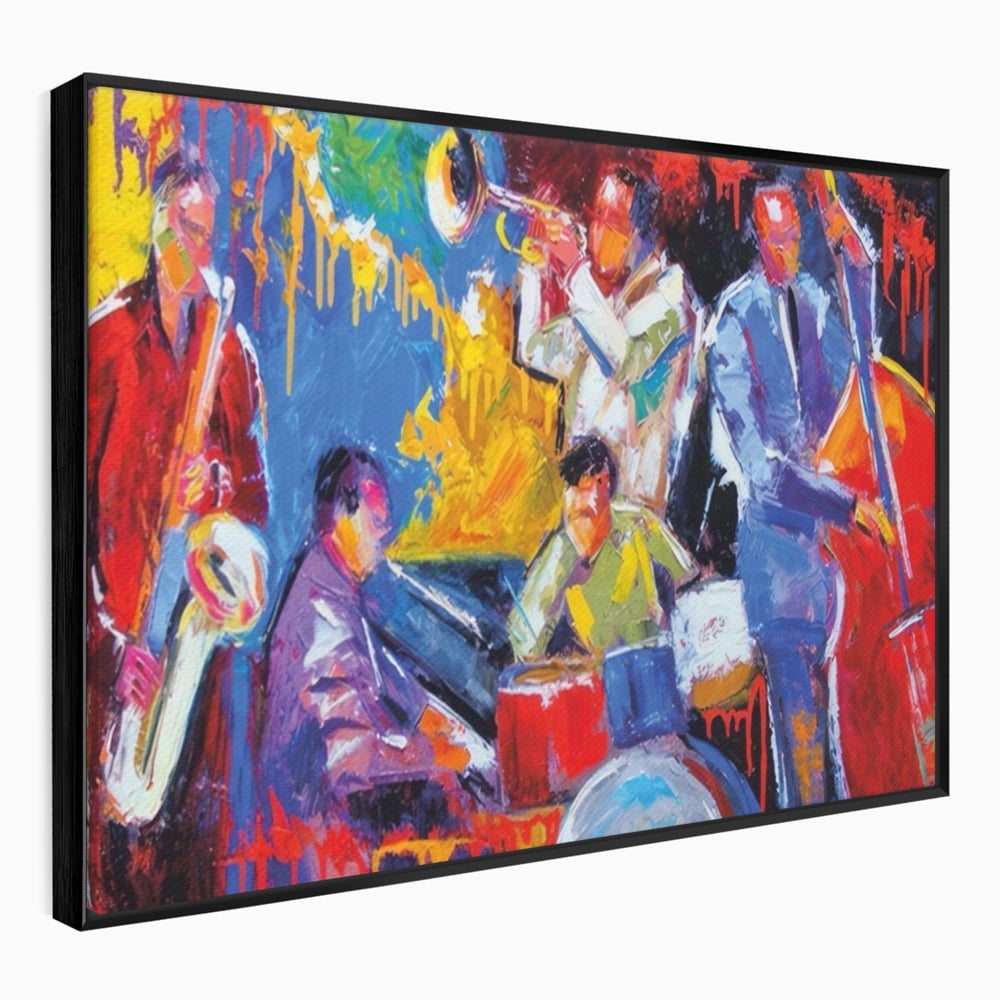 Tablou canvas cu pictura abstracta cu formatie de jazz, in rama de aluminiu negru