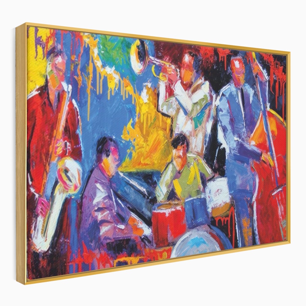 Tablou canvas cu pictura abstracta cu formatie de jazz, in rama de aluminiu auriu
