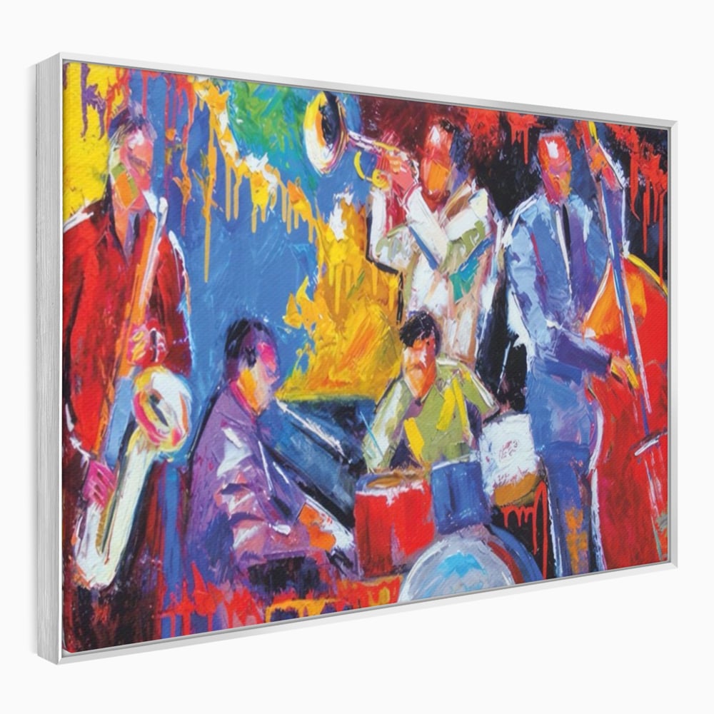 Tablou canvas cu pictura abstracta cu formatie de jazz, in rama de aluminiu argintiu