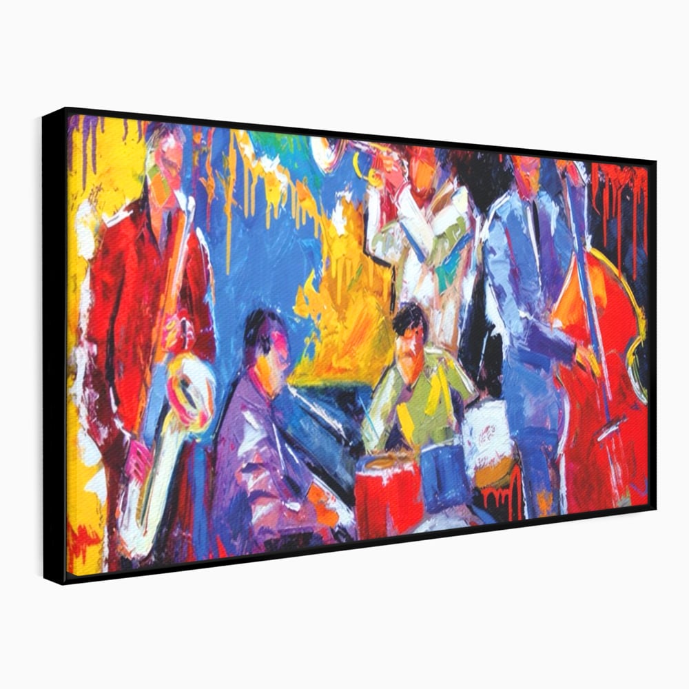 Tablou canvas cu pictura abstracta cu formatie de jazz, in rama de aluminiu negru