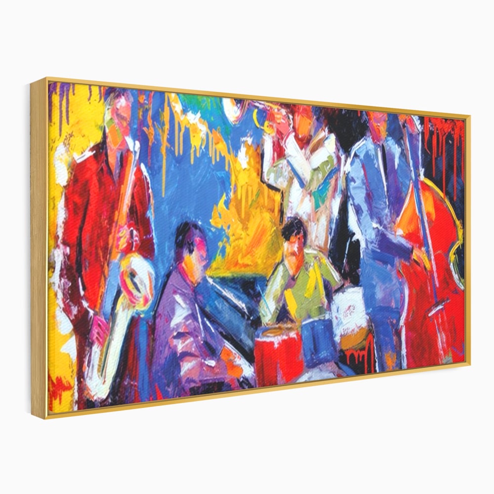 Tablou canvas cu pictura abstracta cu formatie de jazz, in rama de aluminiu auriu
