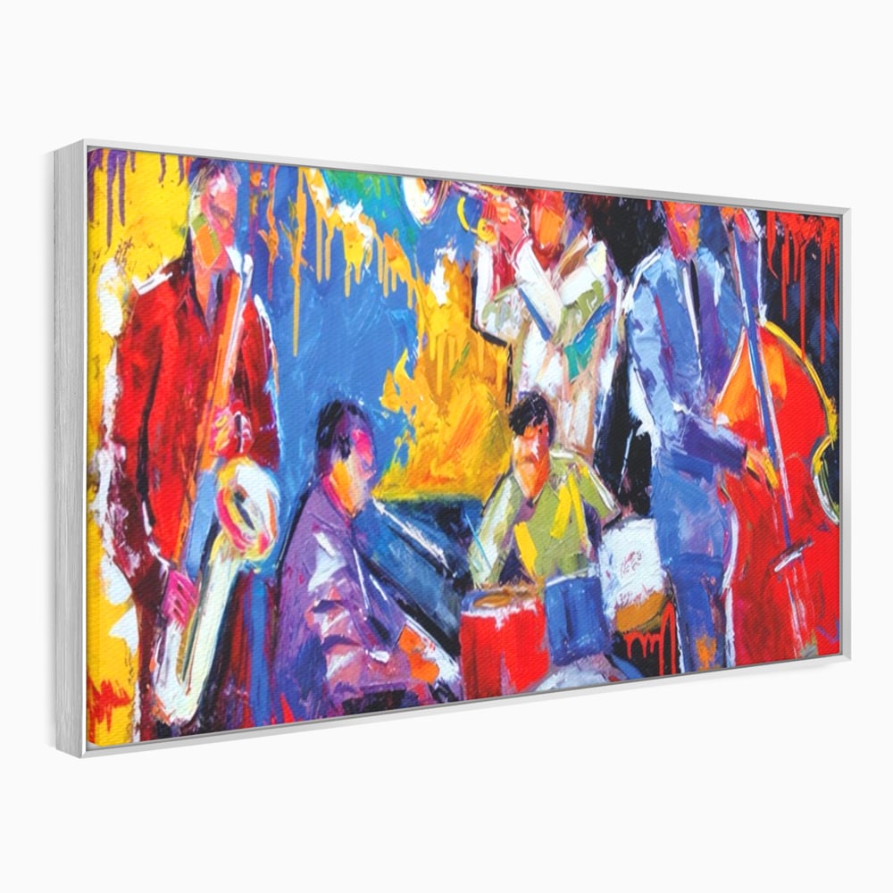 Tablou canvas cu pictura abstracta cu formatie de jazz, in rama de aluminiu argintiu