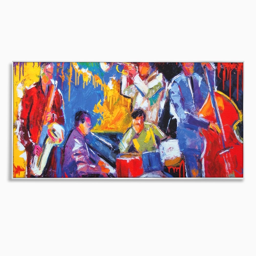 Tablou canvas cu pictura abstracta cu formatie de jazz, in rama de aluminiu argintiu