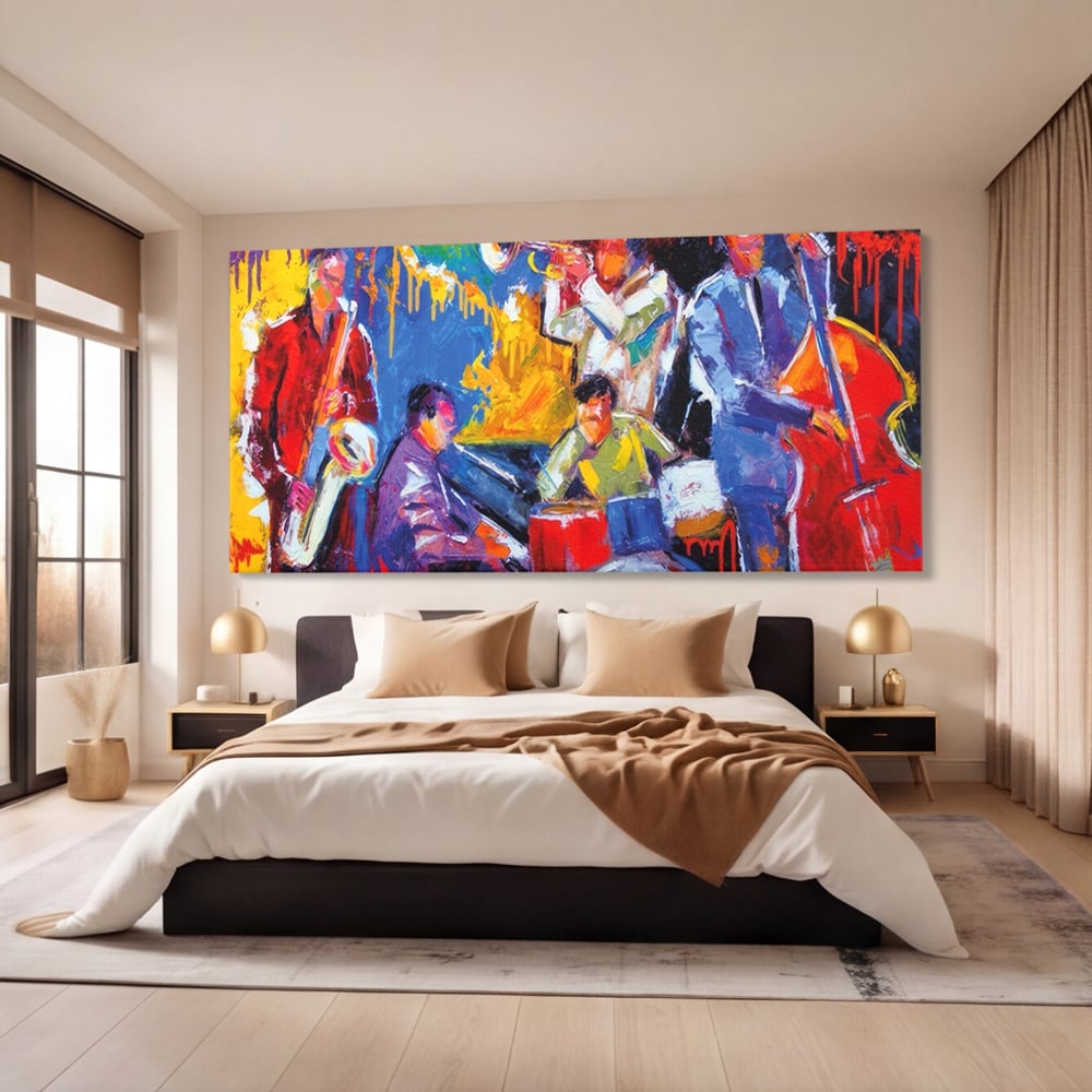 Tablou canvas cu pictura abstracta cu formatie de jazz, fara rama, pe sasiu de lemn, pe perete intr-un dormitor