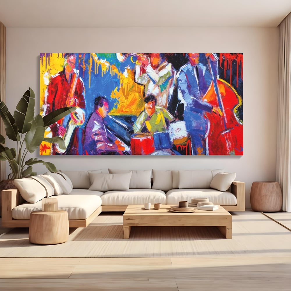 Tablou canvas cu pictura abstracta cu formatie de jazz, fara rama, pe sasiu de lemn, pe perete intr-un living