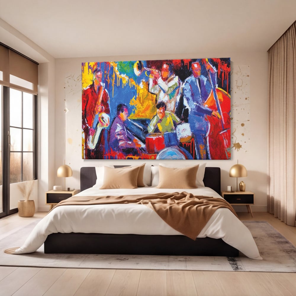 Tablou canvas cu pictura abstracta cu formatie de jazz, fara rama, pe sasiu de lemn, pe perete intr-un dormitor