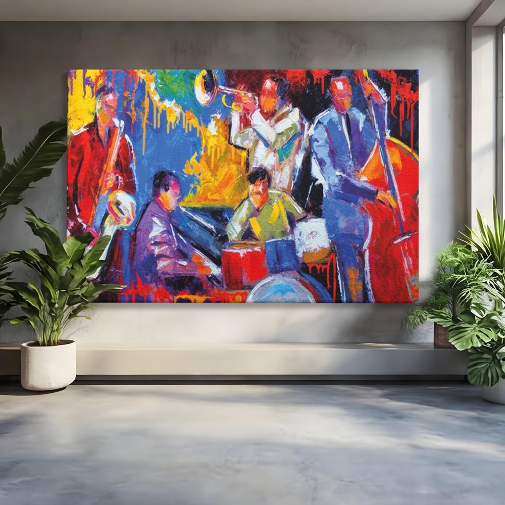 Tablou canvas cu pictura abstracta cu formatie de jazz, fara rama, pe sasiu de lemn
