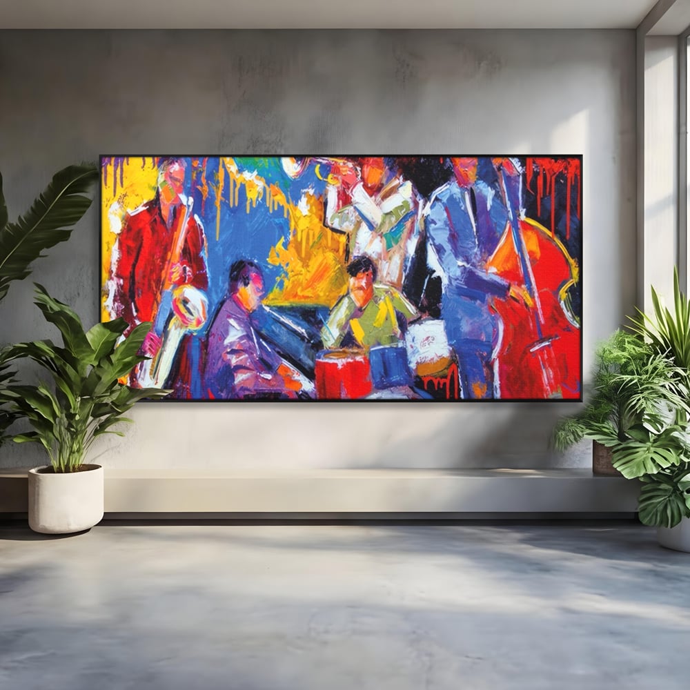 Tablou canvas cu pictura abstracta cu formatie de jazz, in rama de aluminiu negru