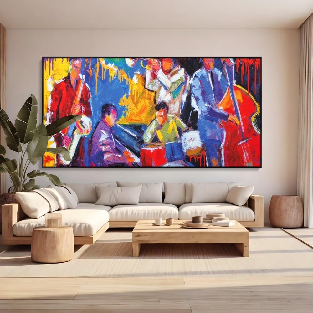 Tablou canvas cu pictura abstracta cu formatie de jazz, in rama de aluminiu negru, pe perete intr-un living
